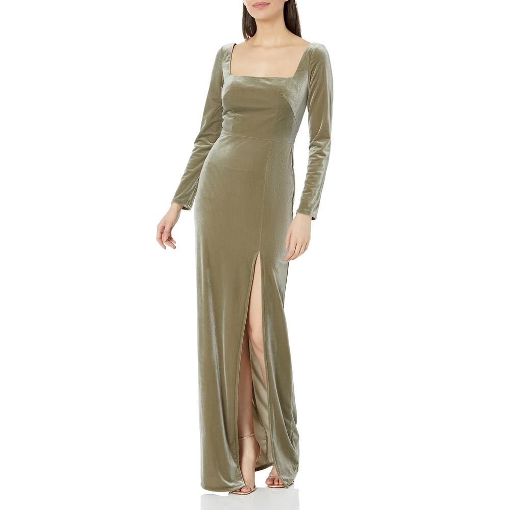 NWT JENNY YOO Green Velvet Long Sleeve Square Neck Evening Formal Gown Sz 0